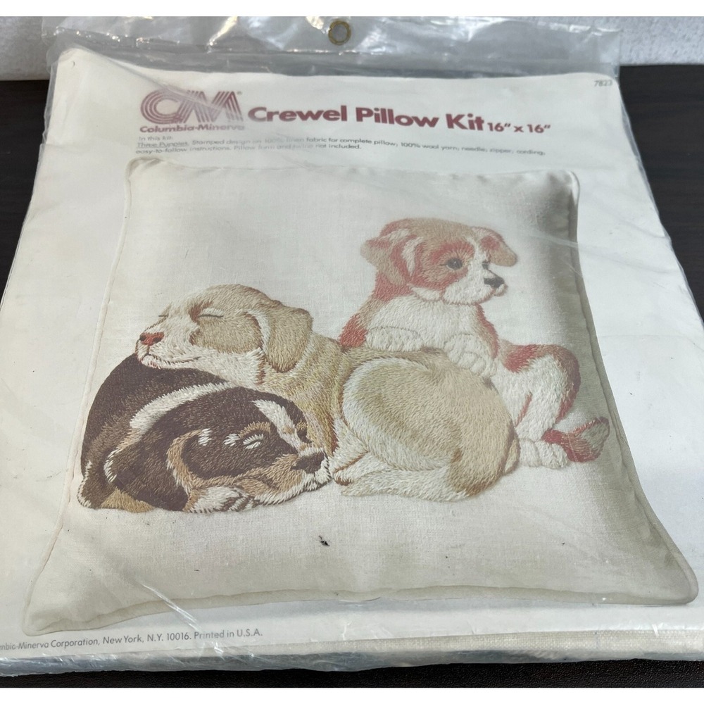 Vintage 1977 Columbia-Minerva Crewel Pillow Kit Three Puppies 7823 16x16 Linen